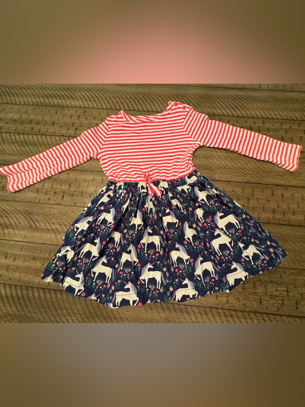 MINI BODEN Striped Unicorn Girls Long Sleeve Dress with Pockets